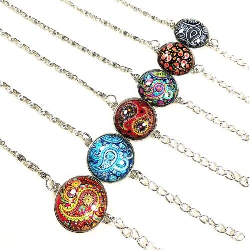 24pcs (12 styles ) Plated Silver Bandanna bracelets Mandala Flower Glass hand chain for women Chain Bracelet