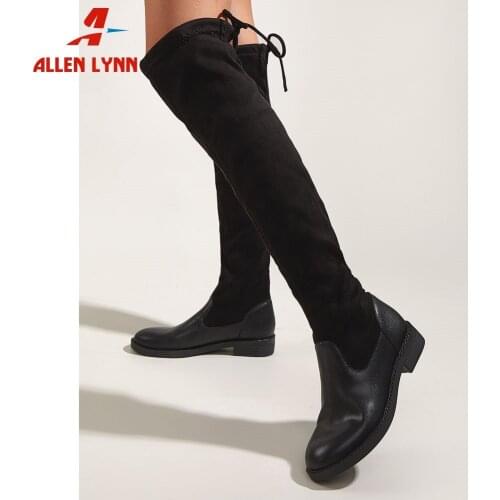Brand New Fashion Women Knee High Boots Chunky Heels Patchwork Shoelace Slim womens Booties Autumn Spring Female Shoes