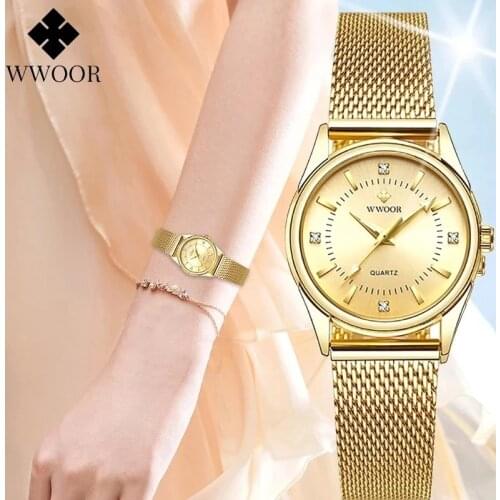 WWOOR Gold Stainless Steel Mesh Belt Women Watch Fashion Diamond Small Wrist Watch Waterproof Ladies Gift Watches Zegarek Damski