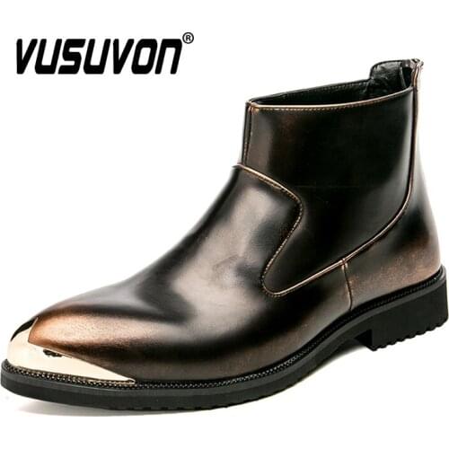 Black Gold Leather Mens Boots Pointed Toe Casual Business Ankle Boots Newest Fashion British Zipper Chelsea Boots Men