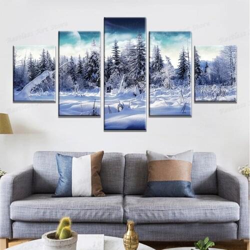 Canvas Pictures Living Room Decor 5 Pieces Winter Snow Forest Trees Painting HD Prints Natural Poster Modular Wall Art Framework