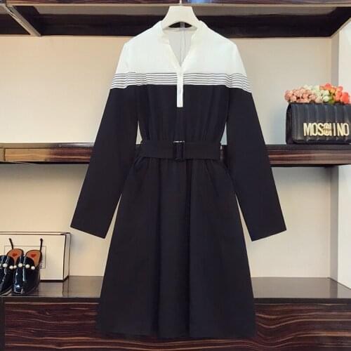 L-5XL Plus size office ladies Spring long sleeve a-line dresses women v neck patchwork korean casual knee dresses women vestidos