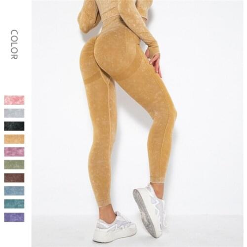 Women Sports Tights For Fitness High Waist Washed Fashion Knitted Pants Gym Wear Running Jogging Girl Push Up Seamless Leggings