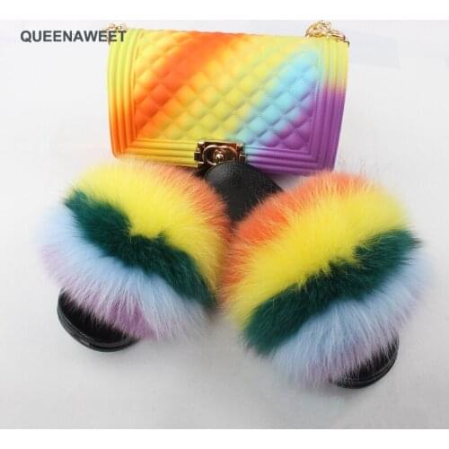 Summer Fox Fur Slippers and Colorful Jelly Bag for Women Cute Fluffy Slippers Fashion slides Plush Slipper Sets Fox Fur Slides