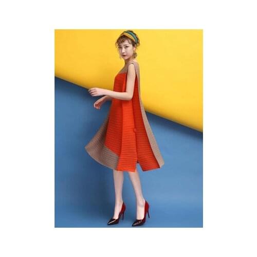 HOT SELLING Miyake Fashion sleeveless o-neckr fold dress patchwork A-line dress IN STOCK