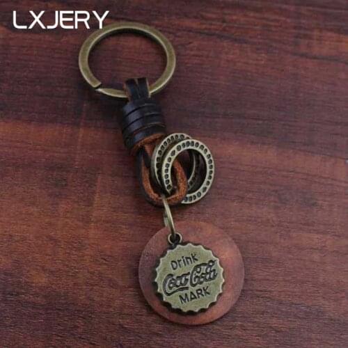 LXJERY 19 Styles Vintage Wooden Cola Bottle Cap Keychain Leather Weave Key Ring For Women Bag Charm Pendant Key Chain Gifts