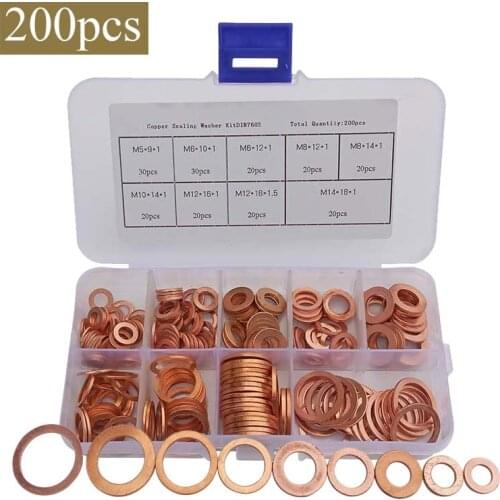 200PCS/Set Copper Washers Gasket Set 9 Sizes Flat Ring Seal Kit With Plastic Box