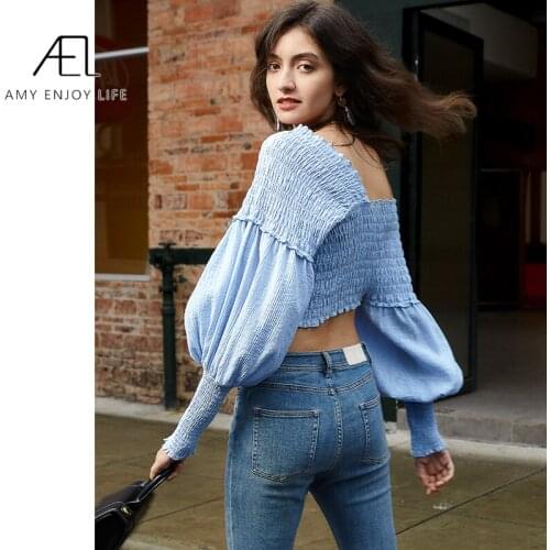 AEL Sexy blue Crop Top long puff sleeve 2020 Summer Women Top Female Skinny sexy low cut Elastic blouse