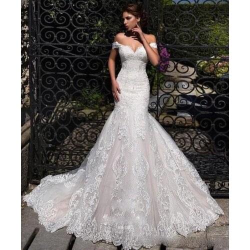 Boho Wedding Dresses Mermaid Off The Shoulder Tulle Appliques Lace Dubai Arabic Wedding Gown Bridal Dress Vestido De Noiva