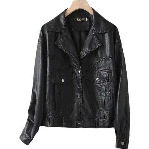 New Women Black Leather Jacket Turn Down Collar Single Breasted PU Coat Female Plus Size Moto Punk Leather Jackets Outerwear