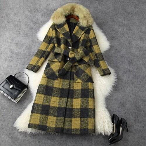 European and American womens wear 2020 winter new style Long sleeve collars lace-up Fashionable plaid printed tweed coat