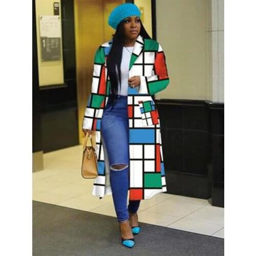 Ladies windbreaker fashion trend long street lattice long sleeve lapel jacket casual outdoor long windbreaker jacket women