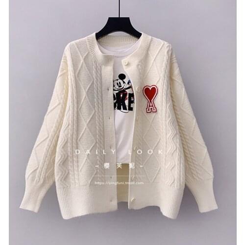 Knitted Twist Rhombus Cardigan Kawaii Short Jacket Women Autumn 2021 New Korean Wild Round Neck Love Ladies Sweaters s1061