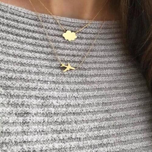 2 Pcs/Set Women Fashion Creative Airplane Cloud Chain Pendant Gold Necklace Personality Exquisite Party Jewelry Accessories