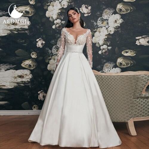 Aedmgh Satin A-Line Wedding Dresses 2021 Sweetheart Long Sleeve Bride Dress Lace Appliques Backless Plus Size Robe De Mariee