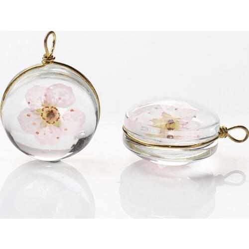 DoreenBeads Copper & Glass Charms Pendant Round Dried Flower Transparent Jewelry Accessories 19mm( 6/8") x 14mm( 4/8"), 2 PCs