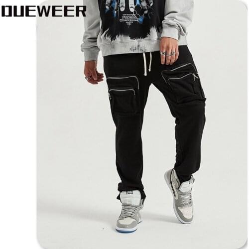 Dueweer Metal Button Black Washed Distressed Cargo Pants Mens Streetwear Sweatpants Pockets Side Buttons Casual Trousers