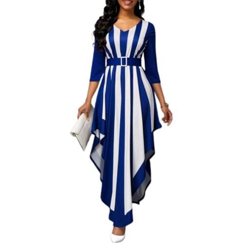 Elegant Women Party Dress Formal Dress Stripe Print V Neck Elegant 3/4 Sleeve Irregular Hem Dress for Wedding Casual Vestidos