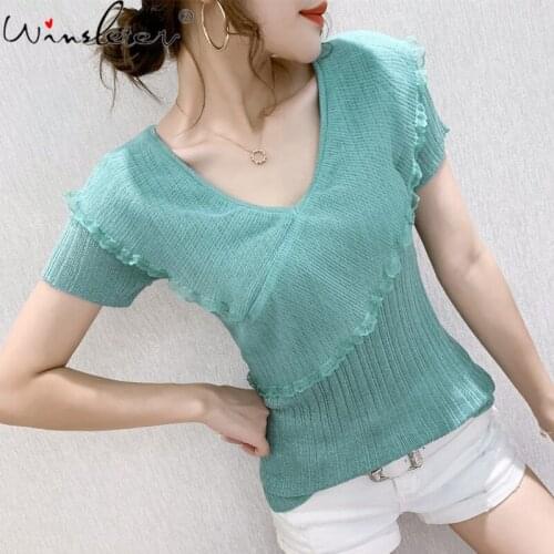 Summer European Clothes T-Shirt Fashion Sexy Shiny V-Neck Patchwork Ruffles Women Tops Short Sleeve Solid Tees New 2021 T13414A