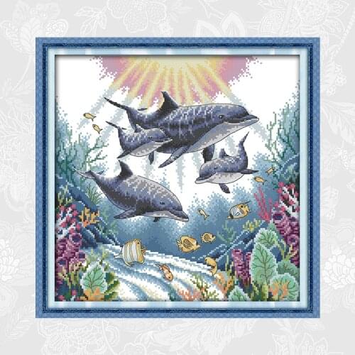Joy Sunday Dolphin Paintings Counted Chinese Cross Stitch Print on Canvas DMC 14CT 11CT Needlework Accessories Embroidery Sets