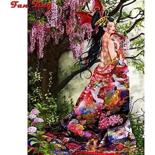 Round Square 5D DIY Diamond Painting Japanese Woman Flower Tree Rhinestones Embroidery Cross Stitch Mosaic Home Decor Gifts