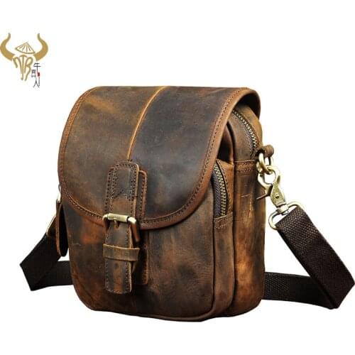 Crazy Horse Leather Men Design Casual Multifunction Small Messenger Crossbody Bag Fashion Waist Belt Bag Phone Pouch Male 1168