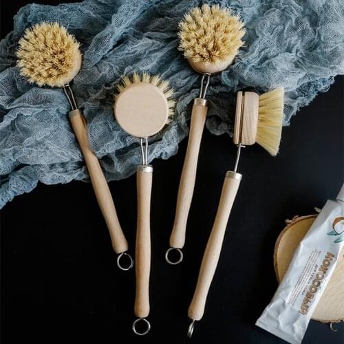 New Natural Pan Cleaning Brush Sisal Hemp Bristle Wooden Handle Dish Cup Bottle Bowl Pot Washing Brushes Kitchen Cleaning Tools