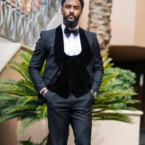Three Pieces Slim Fit Winter Mens Suit One Button Velvet Shawl Lapel Wedding Tuxedos Groomsmen Wear