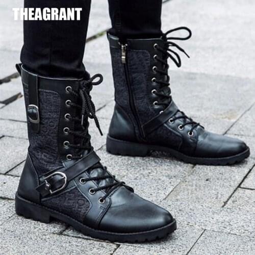 THEAGRANT 2019 Autumn Winter Men Boots Buckle British Knight Military Ankle Boots High Top Patchwork Black Mans Shoes MBS670