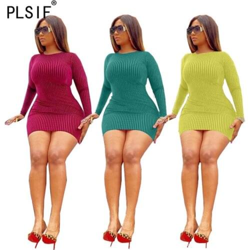 Simple Pure Color o Neck Long Sleeve Skinny Mini Dress Sexy Tight Club Party Lady Fashion Sheath Dress