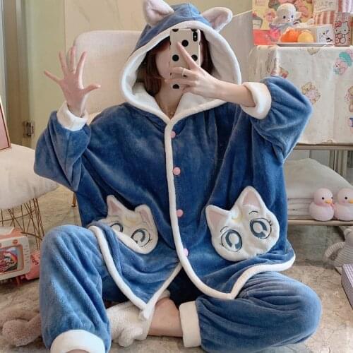 Richkeda Store New 2021 Winter Pajamas Women Sleepwear Plus Size XXXL Flannel Pyjamas Fashion Home Wear Cartoon Hooded