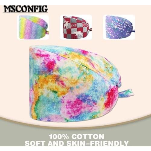 New Style 100% Cotton Floral Print Female Nurse Cap Surgeon Surgical Cap Dentist Cap Kitchen Beauty Salon Adjustable Scrub Cap