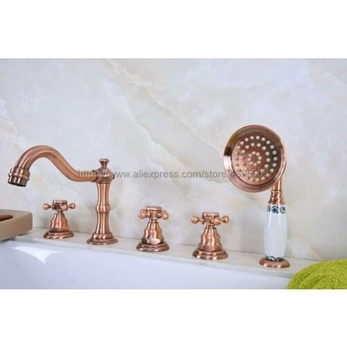Bathtub Faucet Widespread 3 Cross Handles Roman Tub Faucet 5 Holes Deck Mount Bath Tap with Handshower Btf221