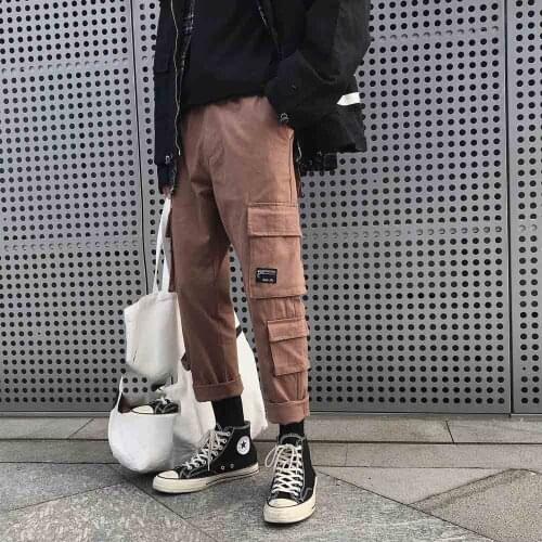Outdoor 2019 spring autumn cargo hip hop multi pocket overalls cotton students HongKong design young men pants hip hop trousers