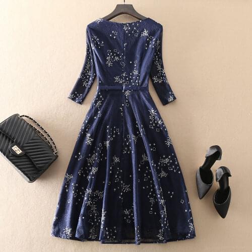 Embroidery Runway Fashion Women 2021 Spring Autumn Flower Blue Elegant Party Holiday Mid-Calf Dress