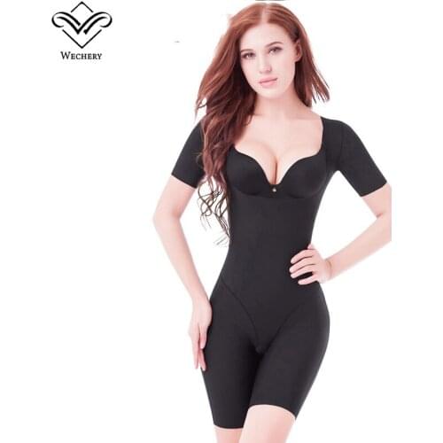 Wechery Shaper Slimming Underwear Female Postpartum Bodysuit Open Crotch Midi Sleeve Spandex Shapewear Waist Corset Girdle