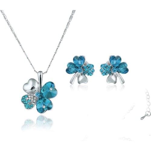 Fine Jewelry Austria Crystal Sea Blue 925 Sterling Silver Necklace Earrings Gift, Pendant Wedding Jewelry Set Womens S0134