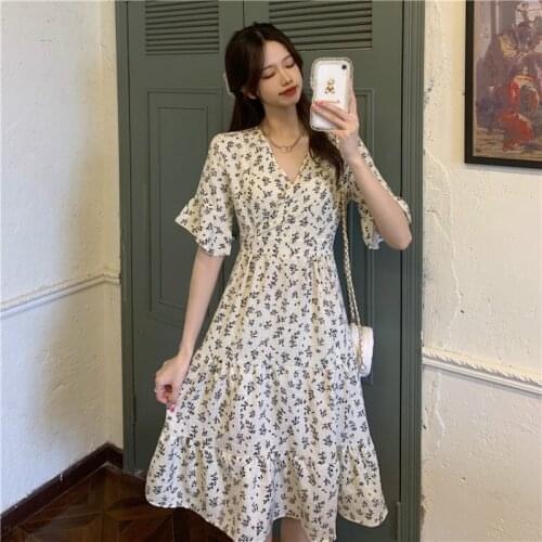 ZA 2021 Women Summer Floral Tunics Dress V-Neck Midi Female Flare Short Sleeve Sundress A-Line Korean Fashion Vestidos Elegant