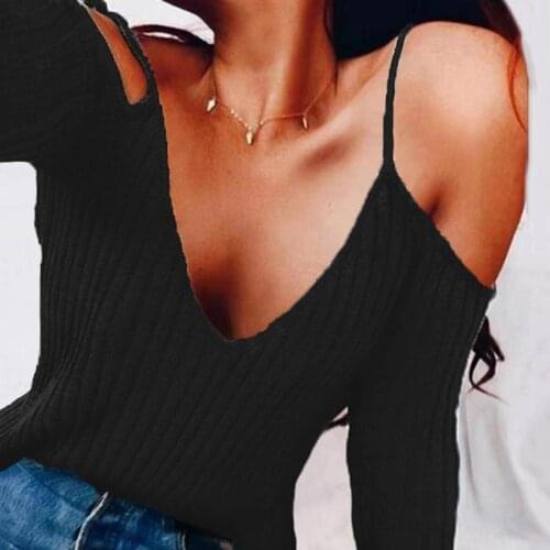 Women Sexy Long Flared Sleeve Deep V Neck Cold Shoulder Straps Ribbed Blouse