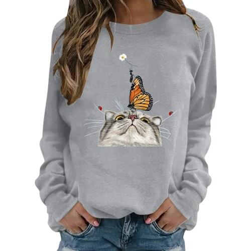 Women Casual Long Sleeve Round Neck Lovely Cartoon Cat T-shirt Solid Color Blouse Top Daily All-match Lovely Girls T-shirt Top