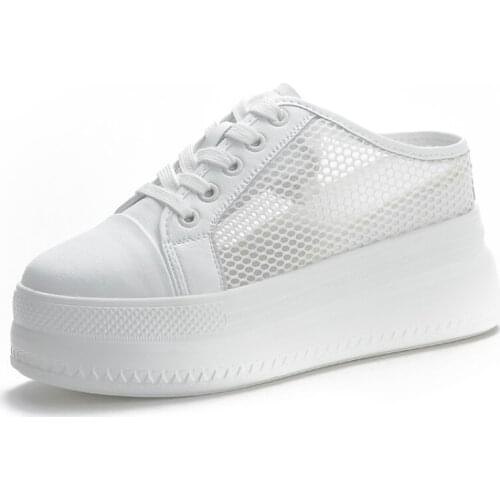 White Shoes Slipper Air Mesh Hollow Platform Chunky Sneakers Genuine Leather Women Female Sneakers Pumps Sapatos De Mujer