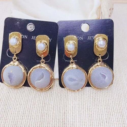 Agate Crystal Druzy Earring 2019 New Nutral luxury Shiny Pearl Stud Drop Personality Earrings For Woman 24K Gold Plated