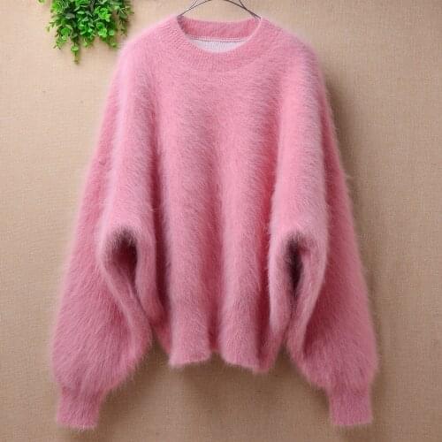 Female women sweet pink winter thick warm mink cashmere knitted long batwing sleeves loose pullover angora hair jumper sweater
