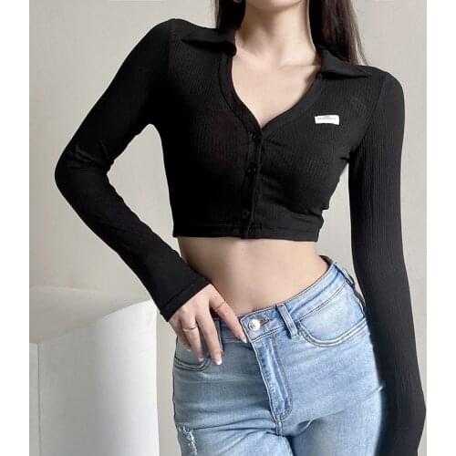 Women Sexy Knitted Cardigan V-neck Single-breasted Long Sleeve Lapel T-shirt Female Casual Basic Tees Soild Crop Top Streetwear
