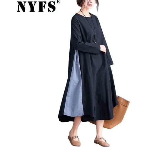 NYFS 2021New Koren Spring Summer Women dress Cotton Linen Ladies loose Two-color stitching Long dress Female Vestidos Robe