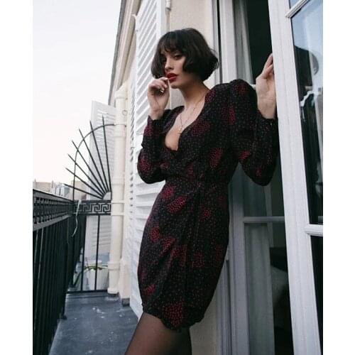 Silk Women Dress New Sexy Long Sleeve V-neck Small Love Print MIni Dress