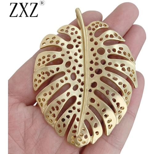 ZXZ 2pcs Matt Gold Large Filigree Leaf Charms Pendants for Necklace Jewelry Making Accessories 72x55mm