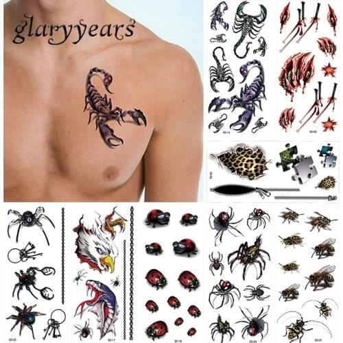 8 Pieces Fake 3D Tattoo Sticker Spider Insect Scorpion Design Unisex Clavicle Sleeve Body Art Temporary Tattoo Sticker Halloween