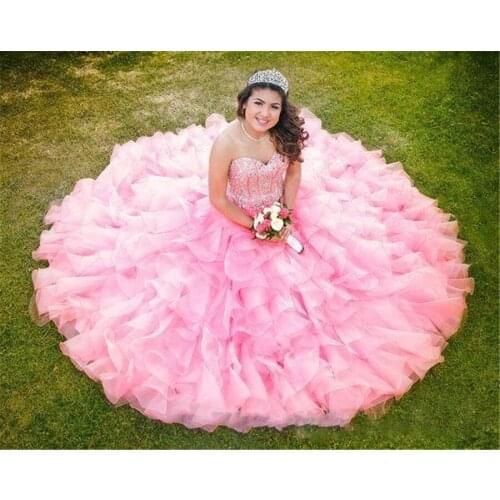 Sweetheart Bling Bling Crystal Beaded Ball Gown Quinceanera Dresses Organza Ruffles Formal Bandage Back 16 Years Prom Party Gown