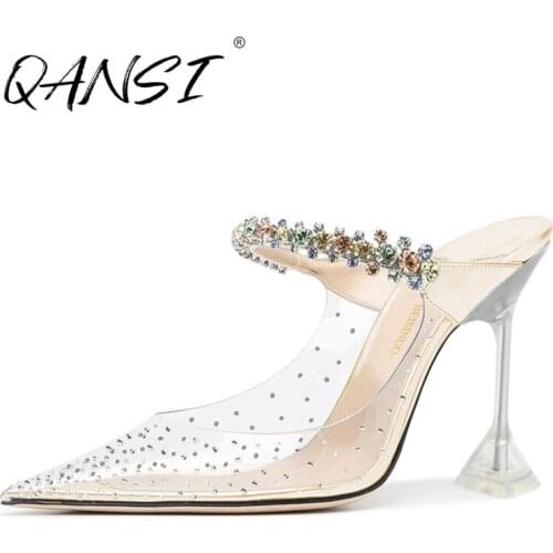 Party Point Toe Transparent Women Sandals Mules Color Crystal Chain High Heel Girls Sandals Transparent Hoof Heel Woman Sandals